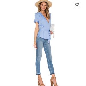 NWT L’Academie Revolve Blue Ruffle Retro Wrap Top